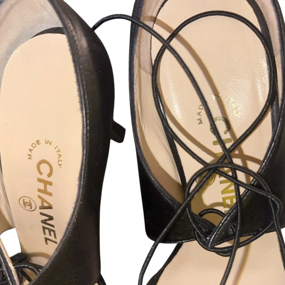 CHANEL Black Purple Tie Stiletto Heels 38 8